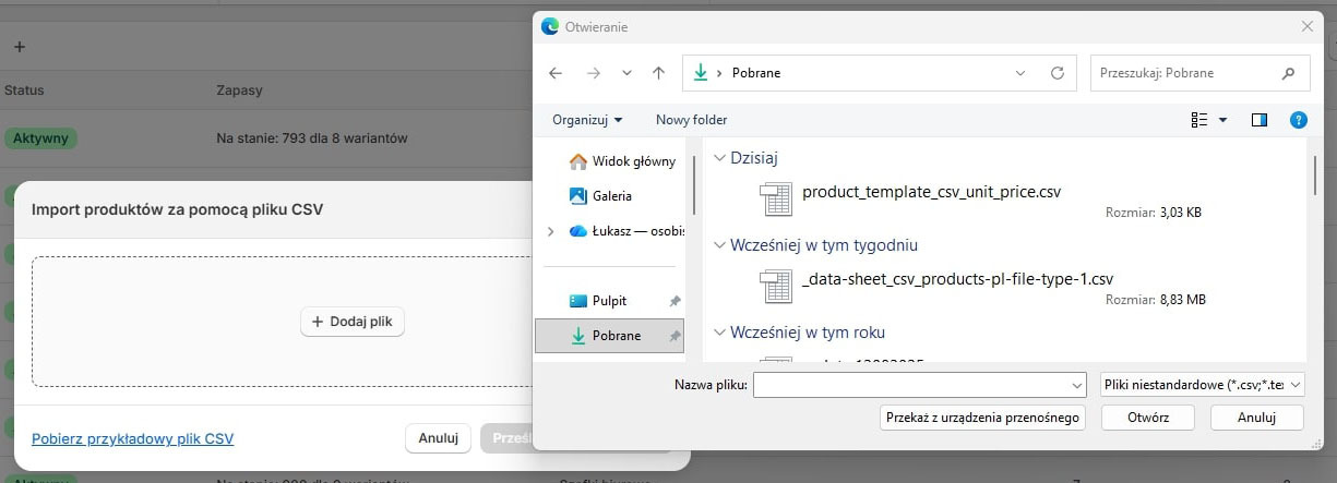 Finestra di importazione prodotti in Shopify con il pulsante per aggiungere un file e la finestra di selezione del file CSV.