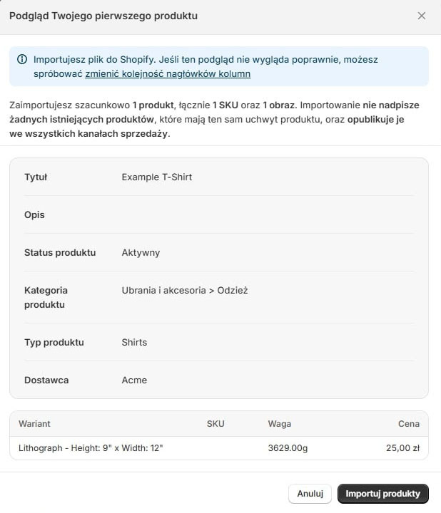 Anteprima del prodotto prima dell’importazione in Shopify con titolo, descrizione, categoria, SKU, peso e prezzo.