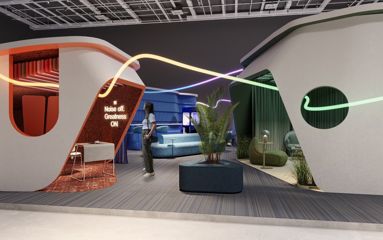 Un stand d'exposition moderne avec des zones inspirées par les fréquences émotionnelles