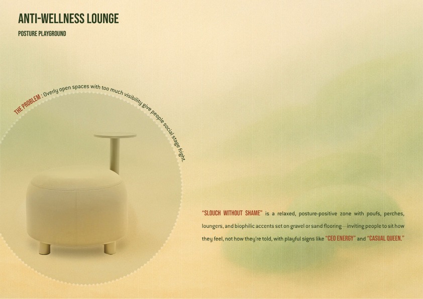 Espace détente Anti-Wellness avec poufs et chaises longues