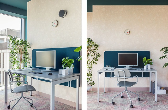 Poste de travail à domicile avec bureau gris et panneau acoustique