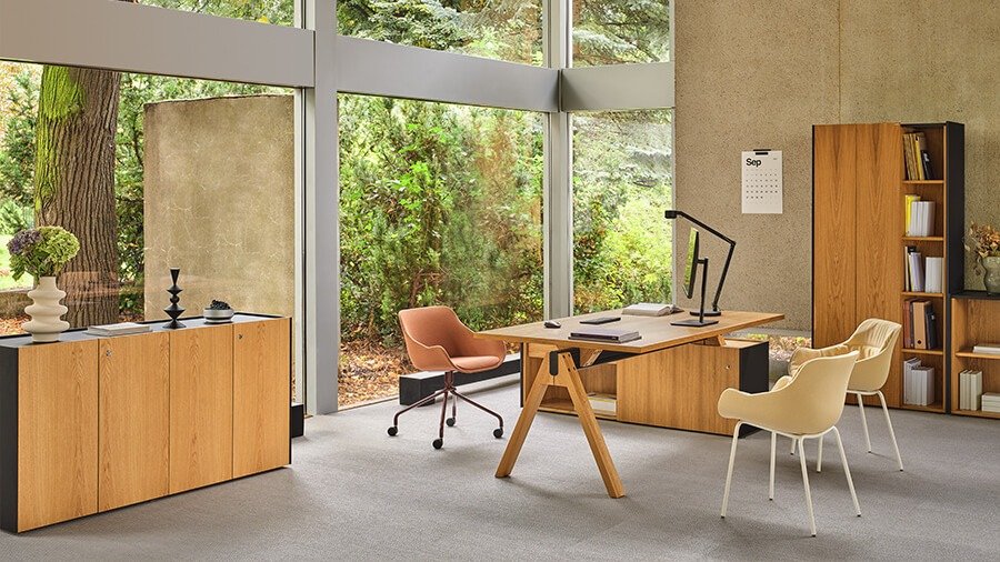 Armarios de madera para oficina con estantes para libros y documentos en el despacho