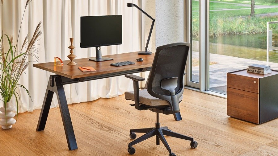 Wooden office drawer unit next to the desk, ideal for a home office