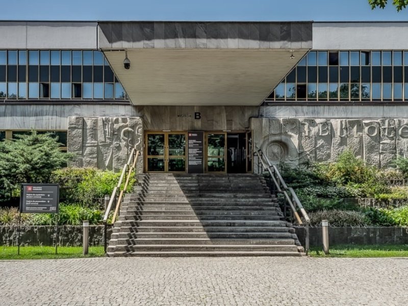 The facade of the National Library of Poland with mosaics