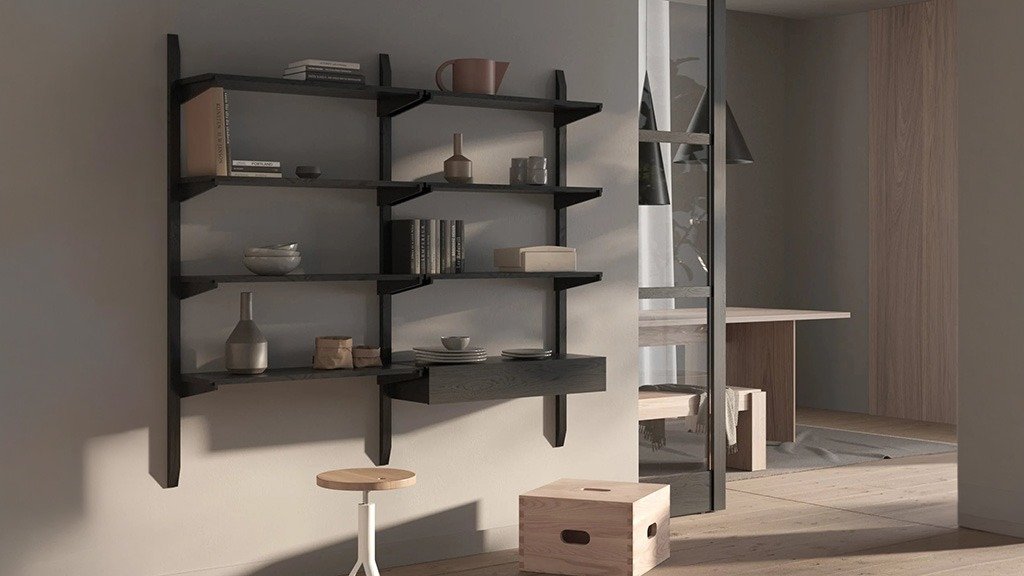Modular wall shelving system, made of dark wood